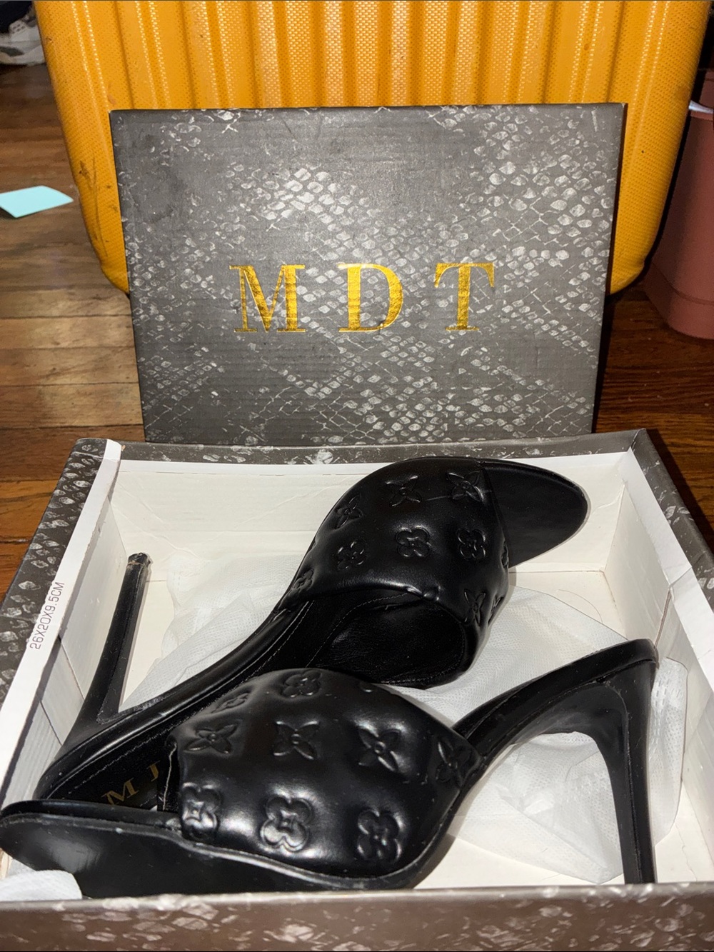 Black Embossed Open-Toe Slide Heels